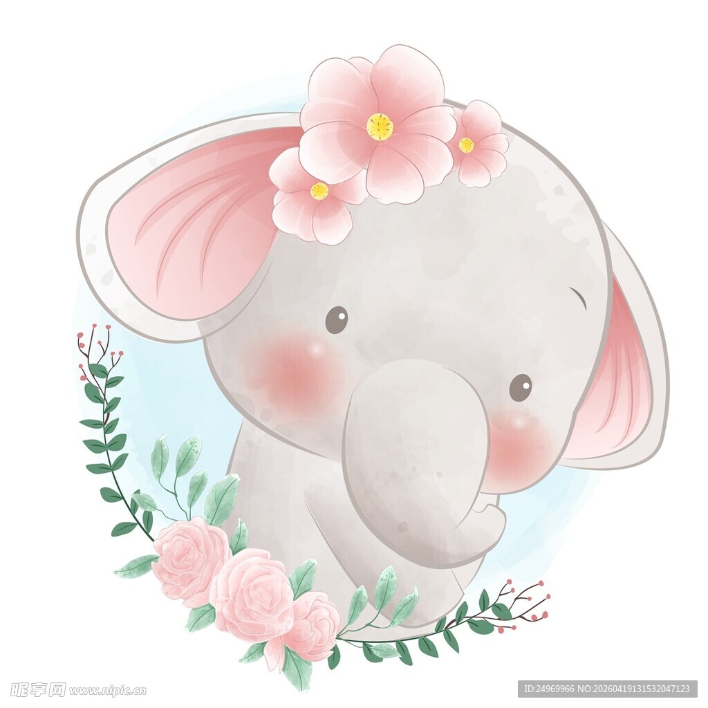 可爱小象戴花插画