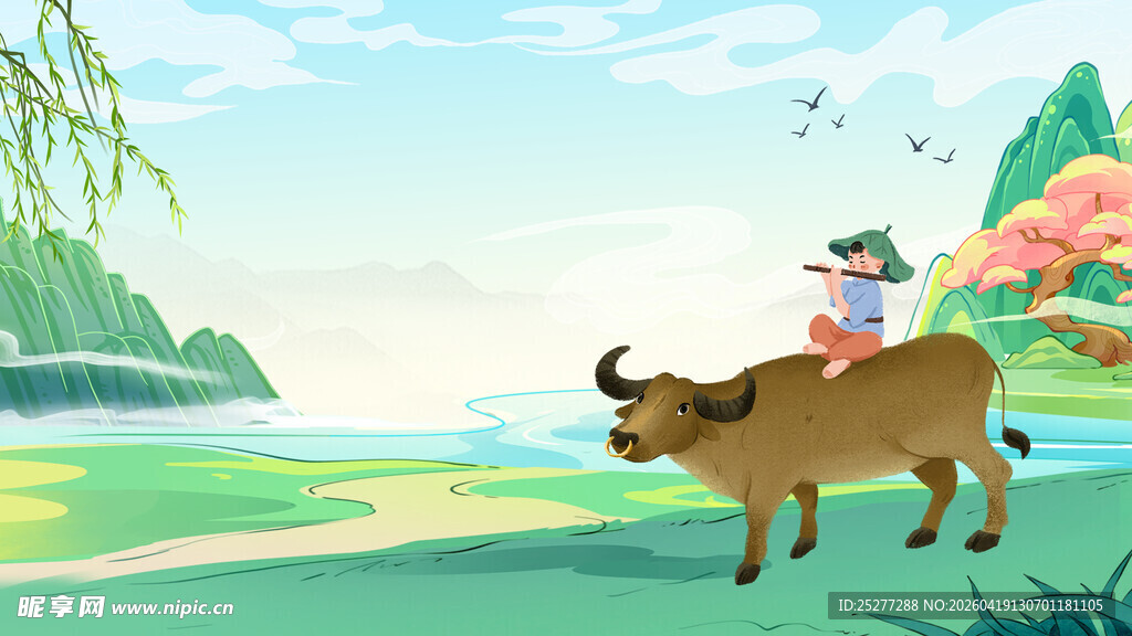 牧童骑牛游春景