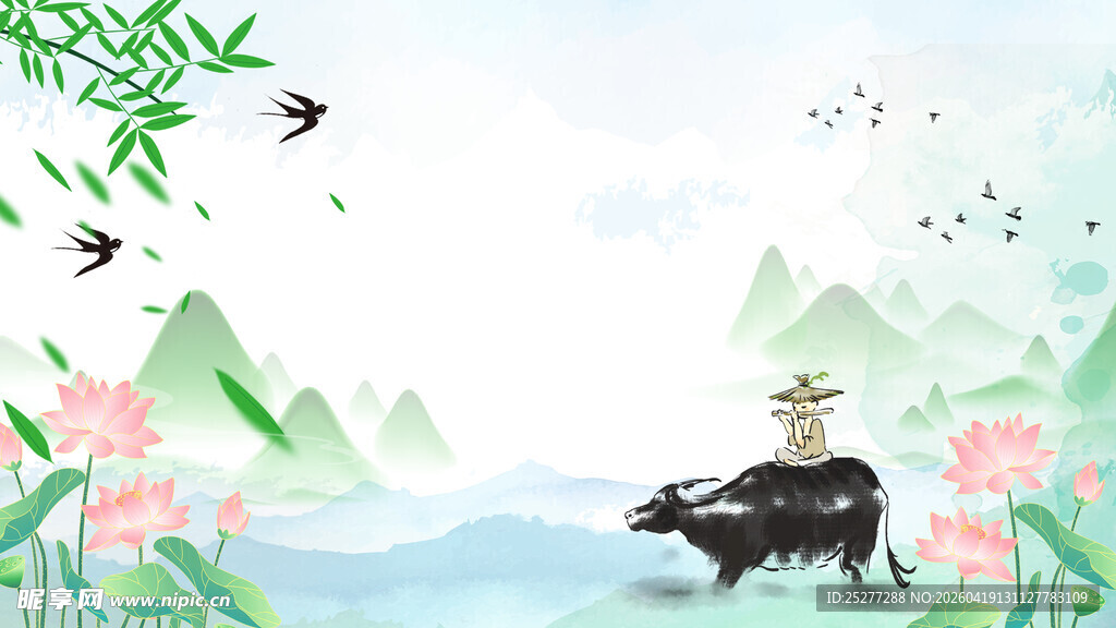 牧童骑牛游于山水间