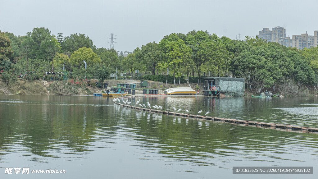 湖畔风光 静谧湖水船只