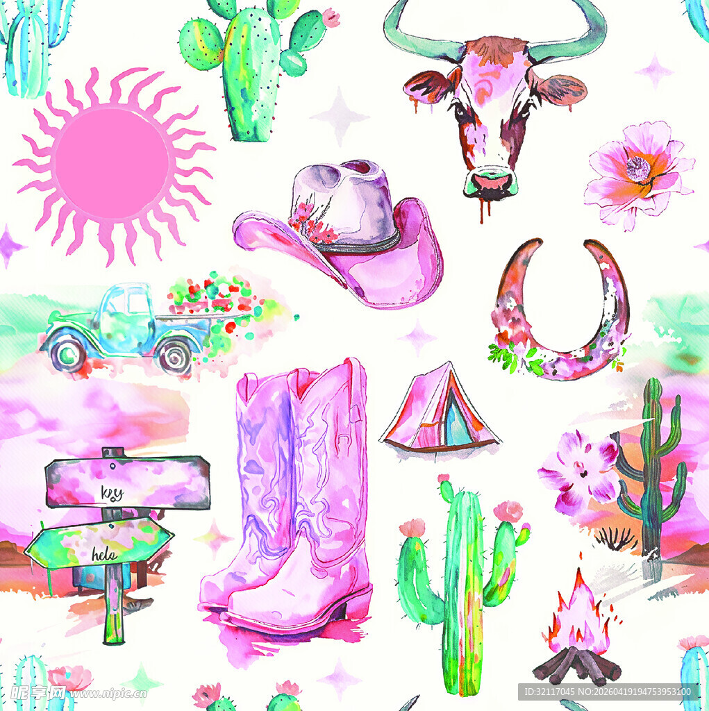 西部风情手绘元素集合