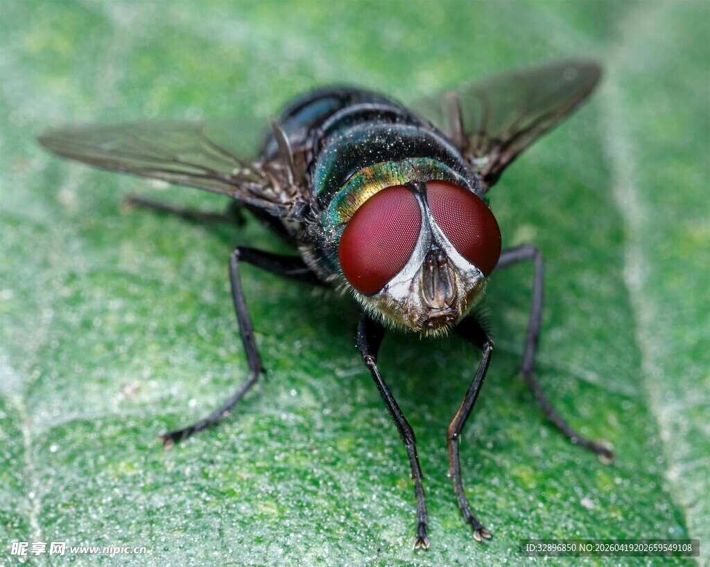 绿叶上的红眼苍蝇