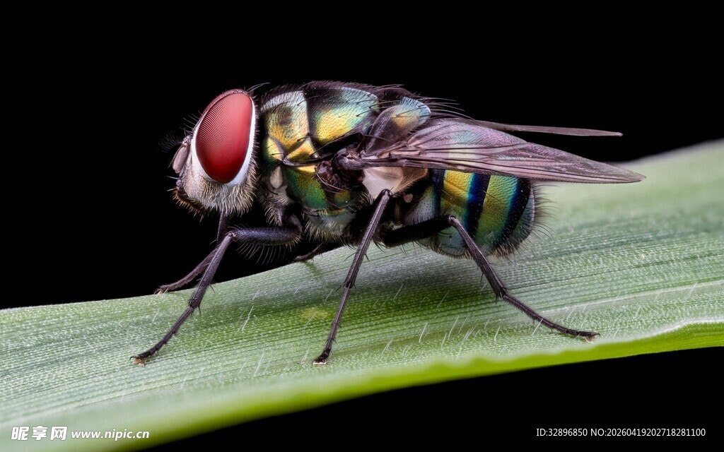 绿叶上的多彩苍蝇