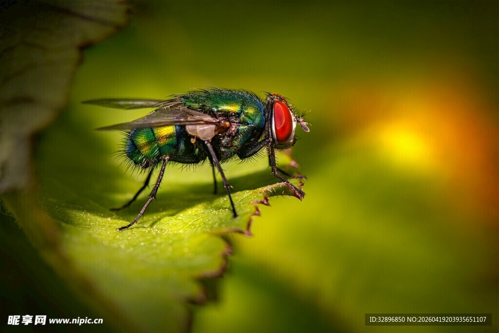 绿叶上的绿头苍蝇