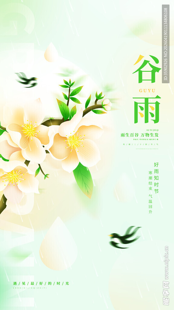 谷雨时节花卉与飞鸟画面