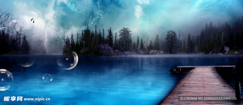 梦幻湖畔木栈道风景