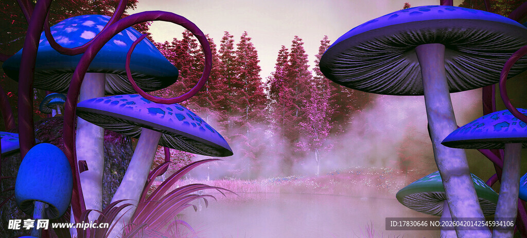 梦幻蓝紫色蘑菇奇幻场景