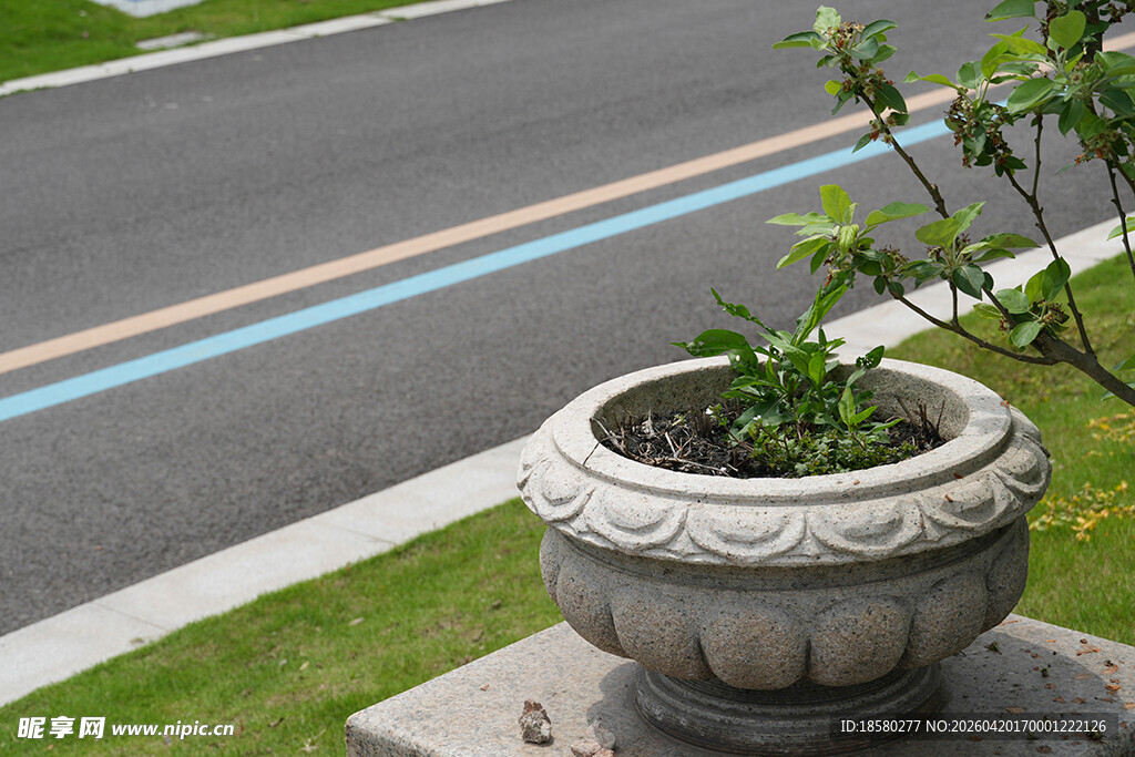 路边石制花盆绿植景观