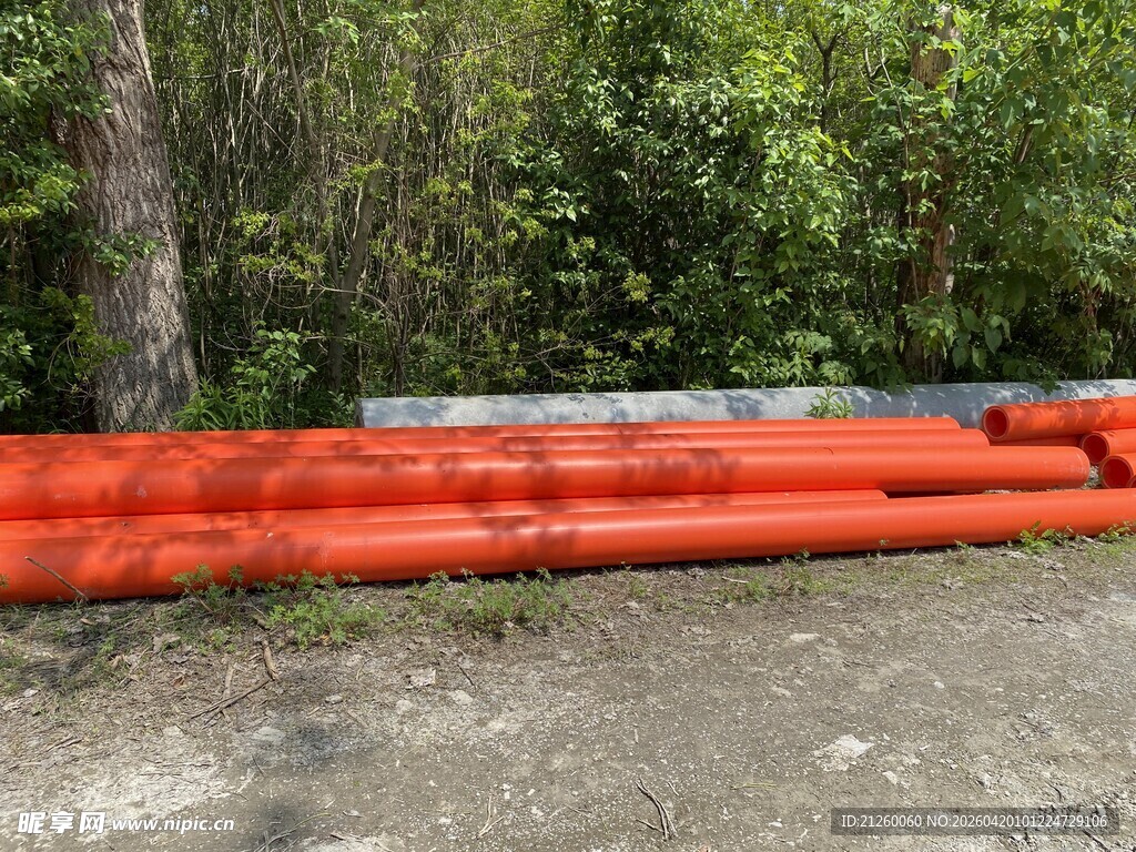 户外橙色管道置于林地