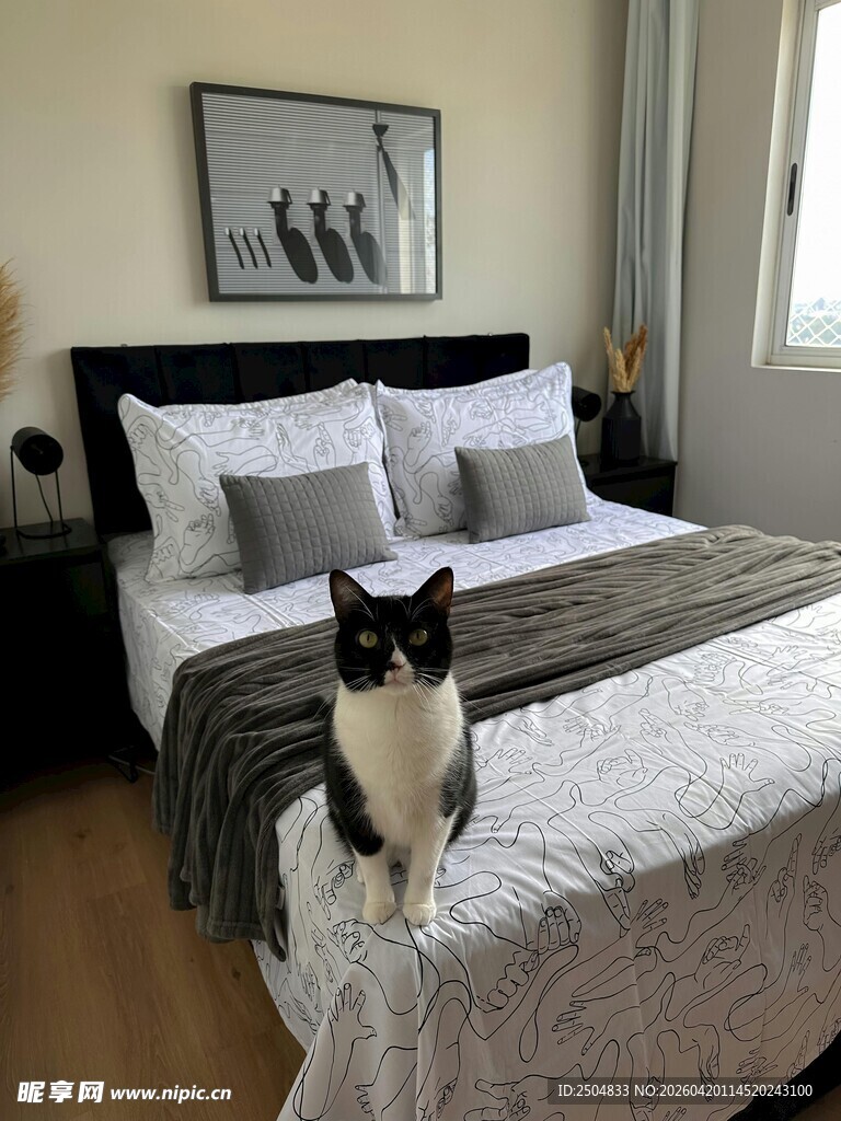 卧室里猫咪安坐于床