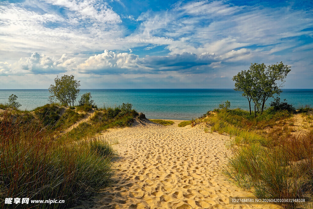 海边沙径通往无垠蓝海景