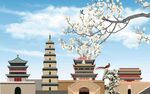 古建风光枝头繁花相映