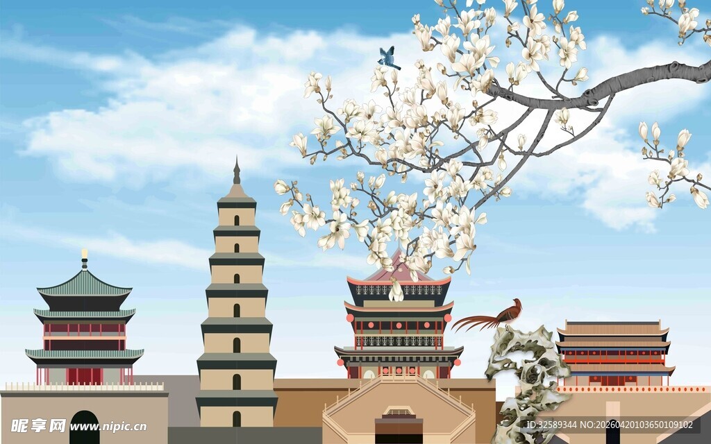 古建风光枝头繁花相映