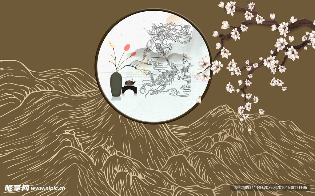 中式月夜花鸟意境图