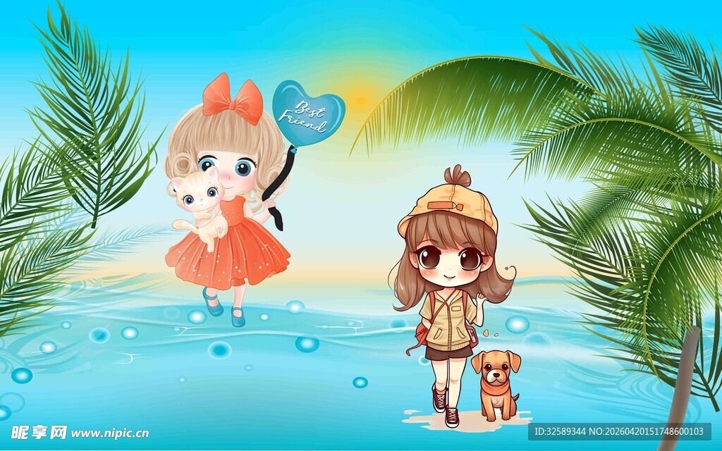 海滩上的可爱女孩玩耍场景