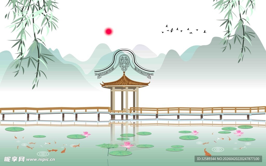 中式园林湖畔诗意景致