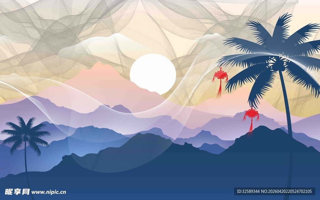 海边日落美景棕榈树相伴