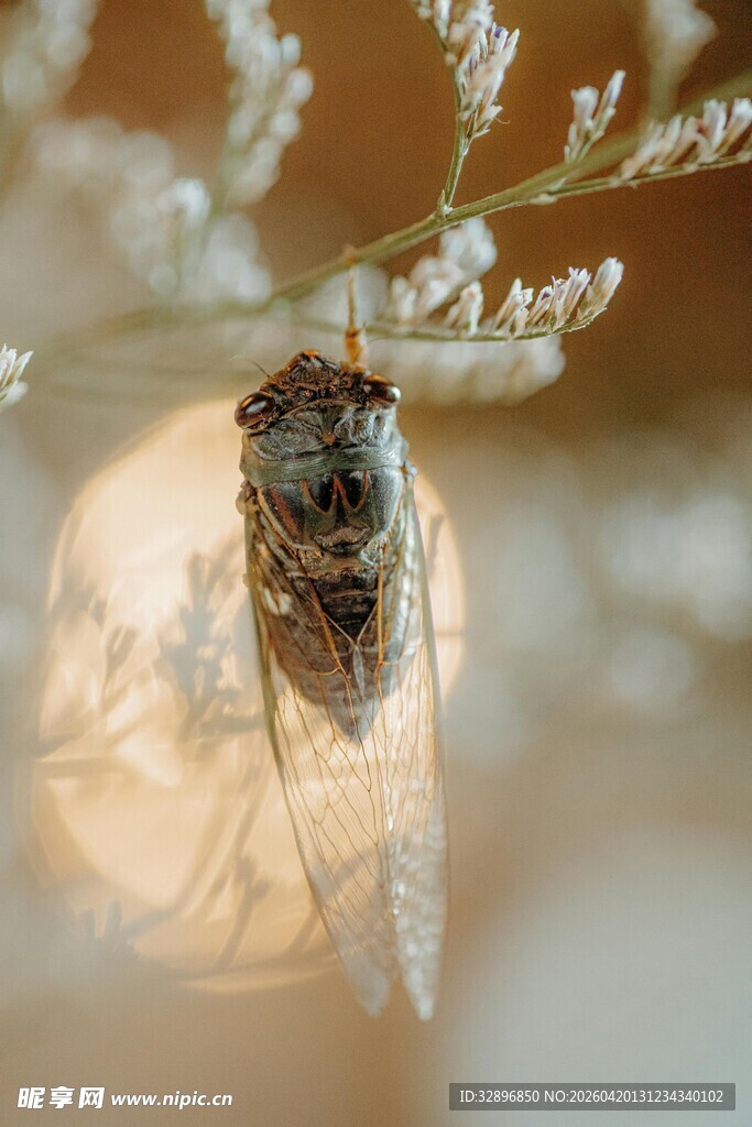 栖息于花枝上的透明蝉