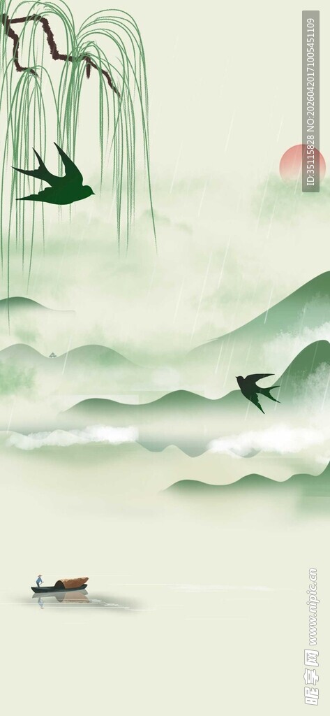 水墨山水间的悠然泛舟景