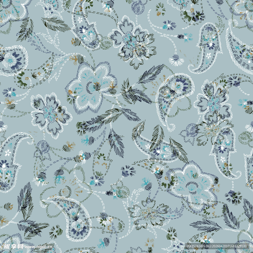 浅蓝色花卉佩斯利图案布料