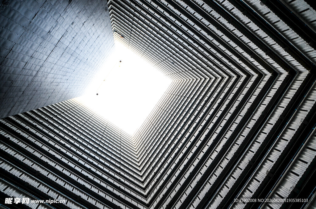 仰视高楼间的一线天空