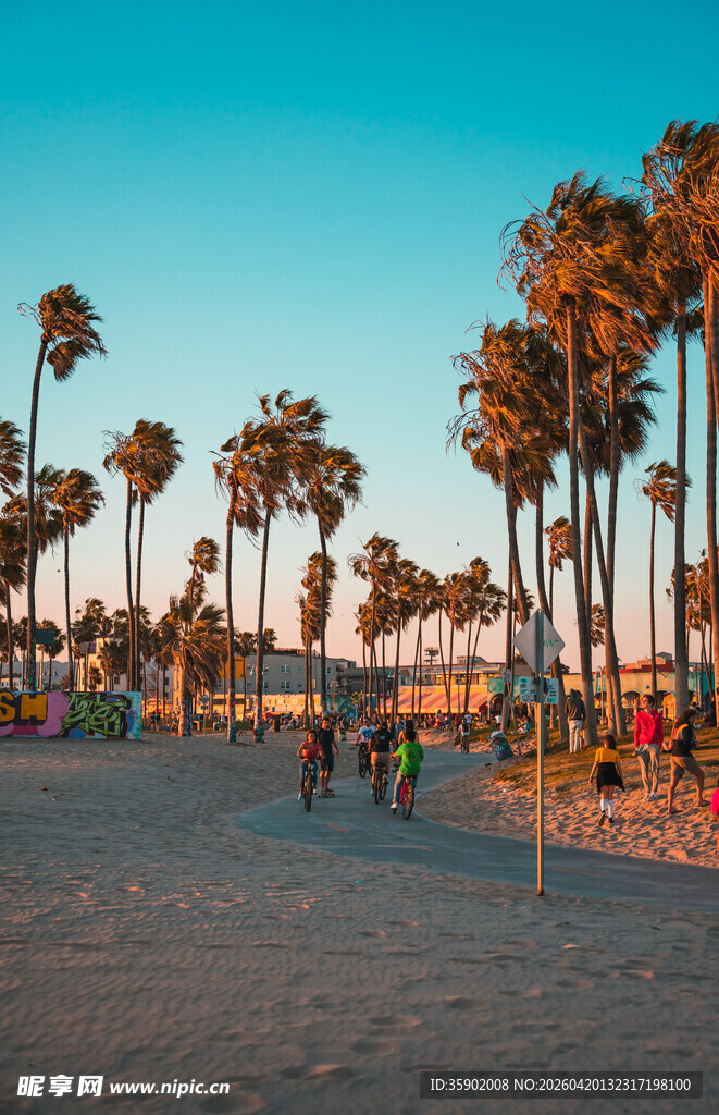 夕阳下的热闹海滨沙滩