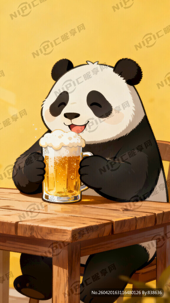 熊猫微笑喝啤酒