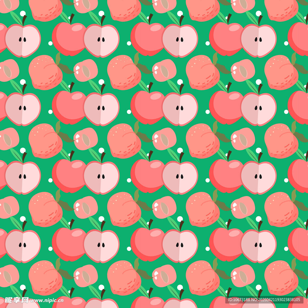 绿色底粉色苹果图案背景