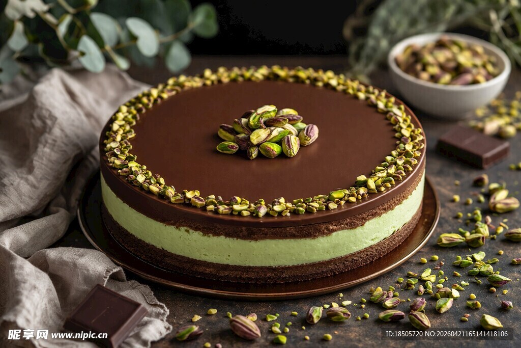 巧克力开心果装饰美味蛋糕