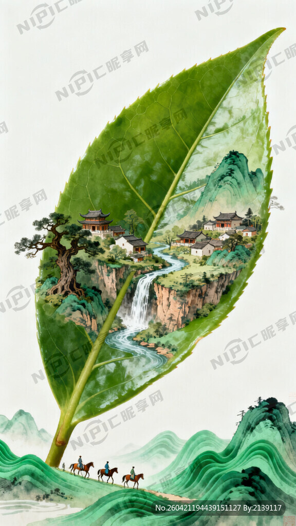 中国传统青绿山水画。画面绘有超