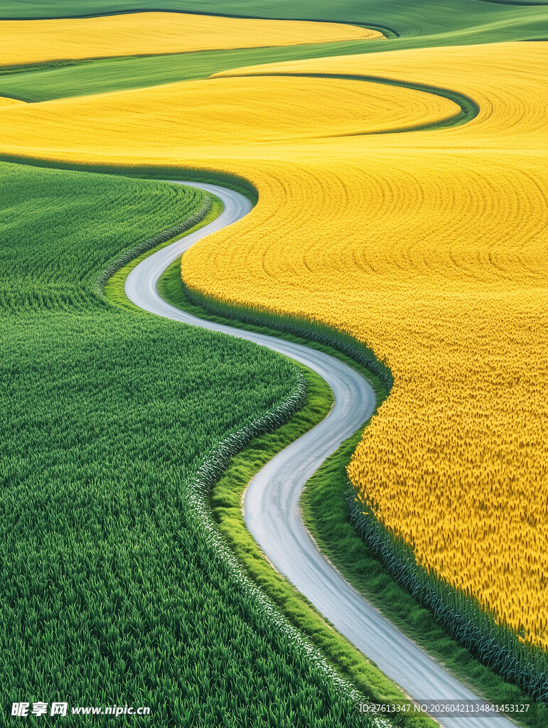 蜿蜒小路穿行黄绿田野