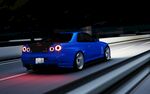 蓝色跑车高速行驶在路上