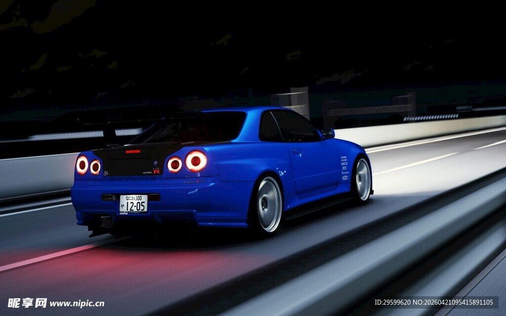 蓝色跑车高速行驶在路上