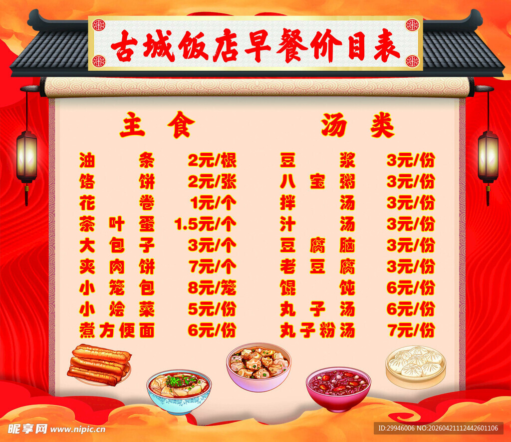 饭店早餐价目表