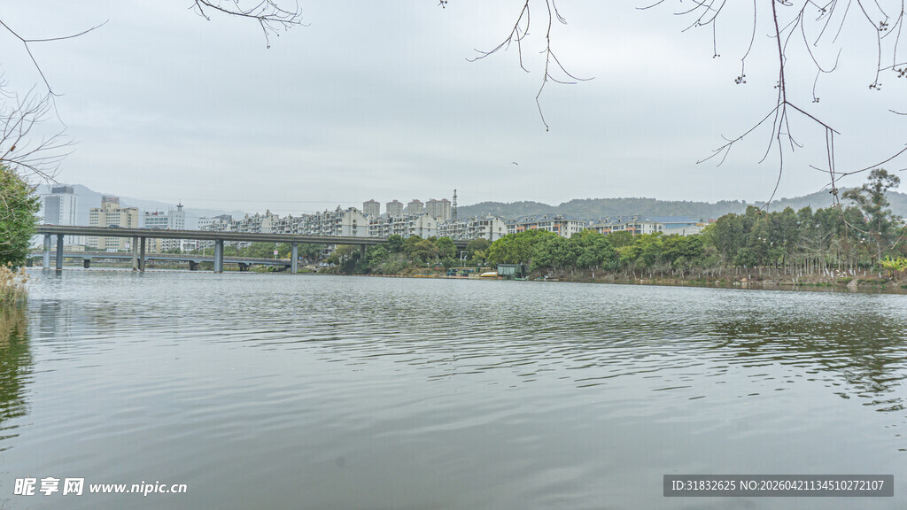 河畔风景 宁静水面与远桥
