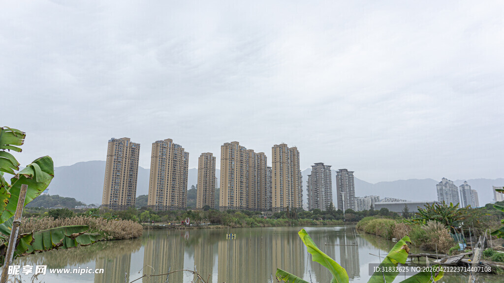 河畔高楼林立的城市景观