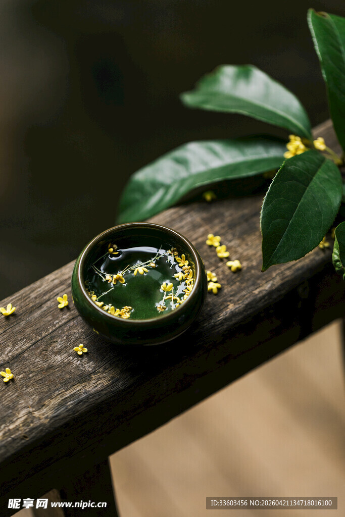 木栏上的青团与绿叶黄花