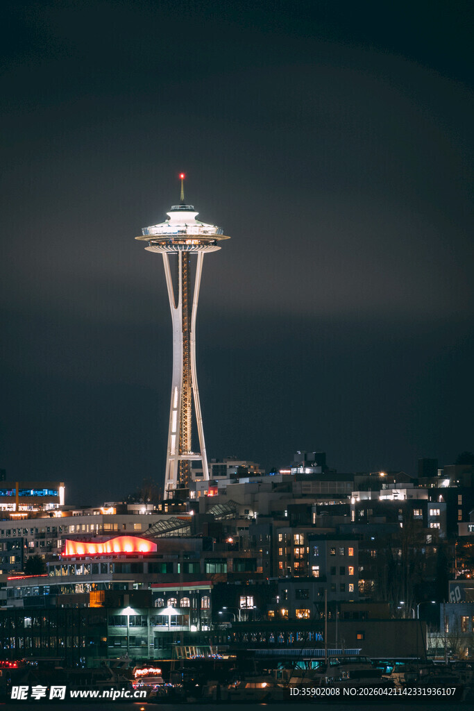 西雅图夜景中的太空针塔