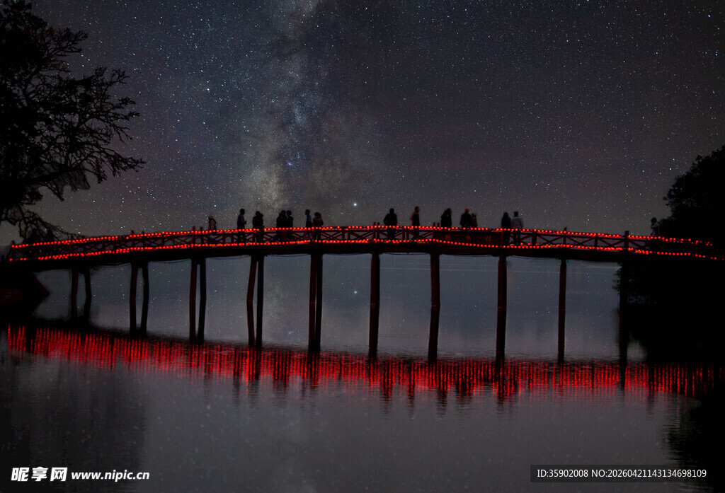 桥上夜景与星空倒影