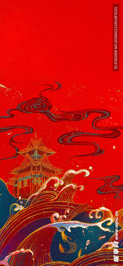中式红底海浪祥云建筑图