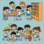 小学生幼儿园打扫卫生矢量素材