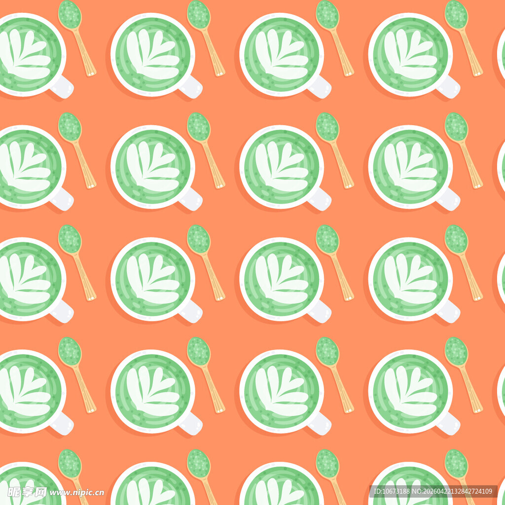 橙色底绿叶咖啡杯图案