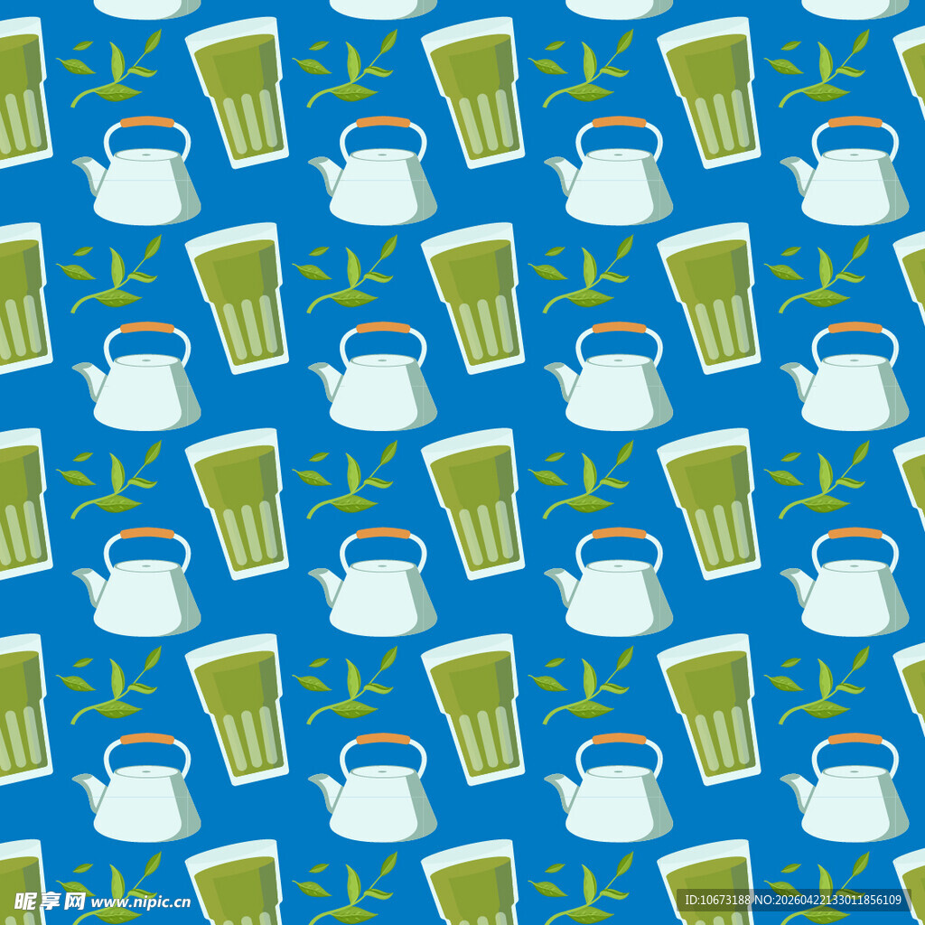 蓝色背景的茶壶抹茶饮品图案矢量