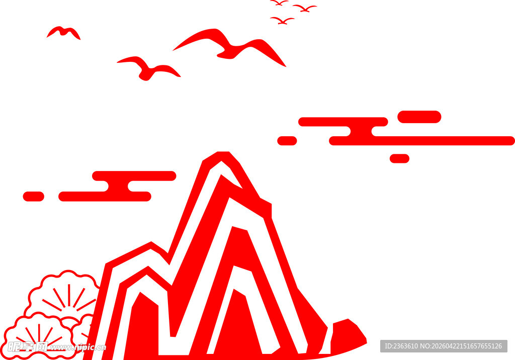 红色山水飞鸟简约图案