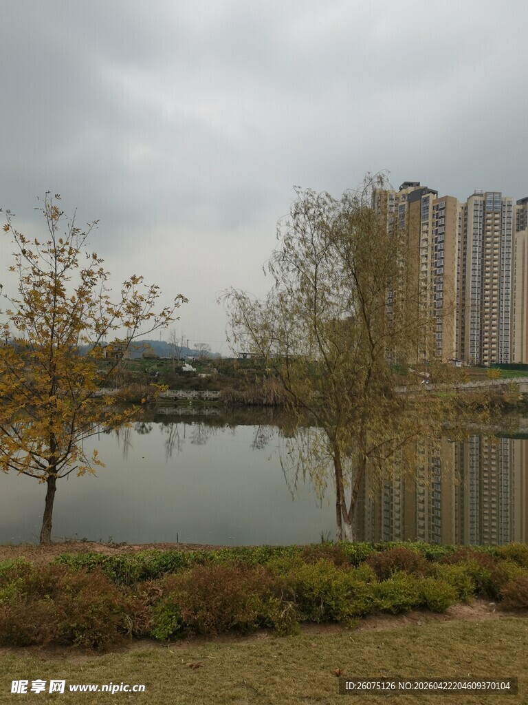 湖畔高楼与秋景