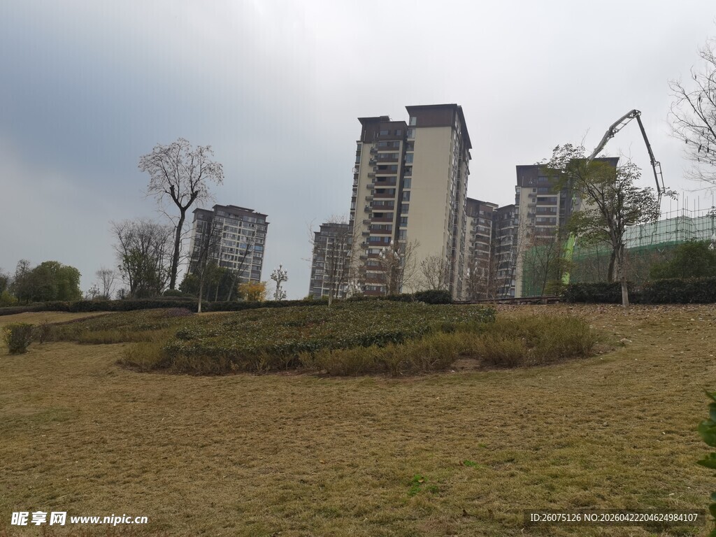 城郊草地旁的高楼建筑