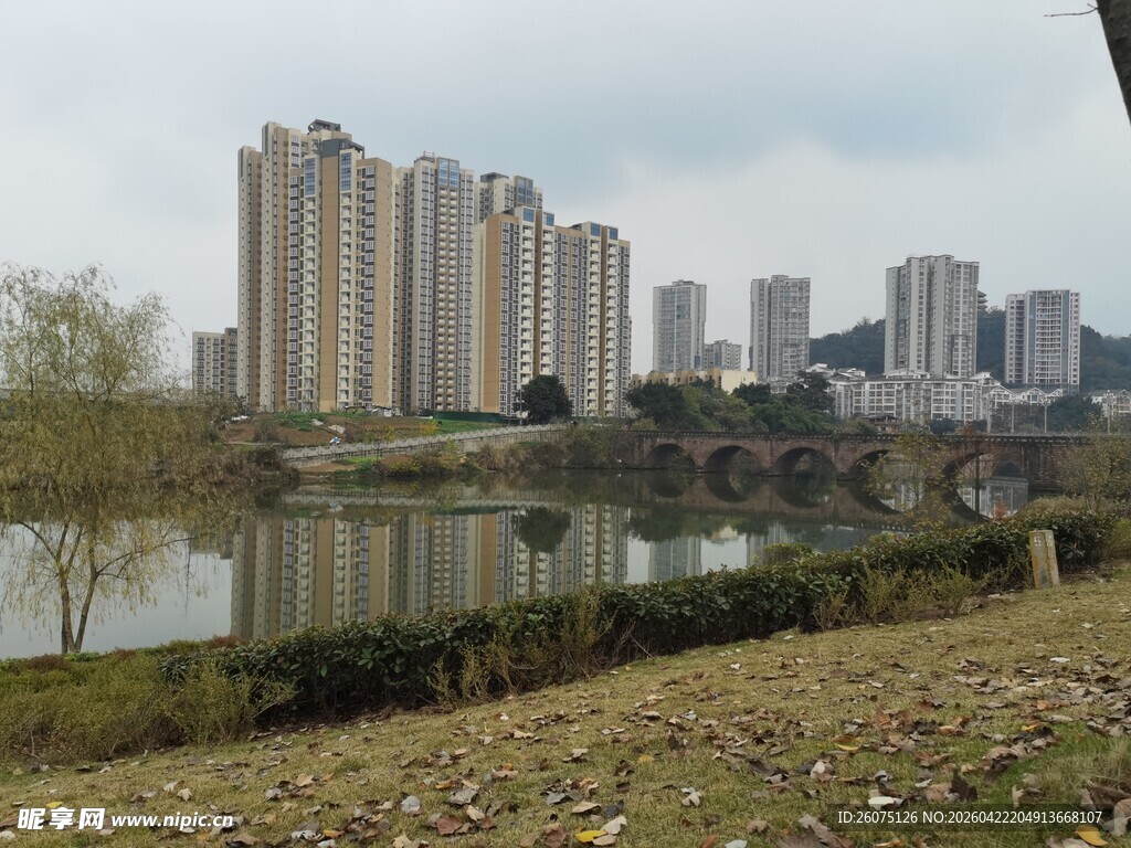 湖畔高楼林立的城市景致