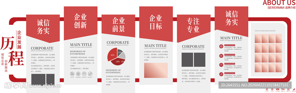 红色简约企业展厅发展历程文化墙