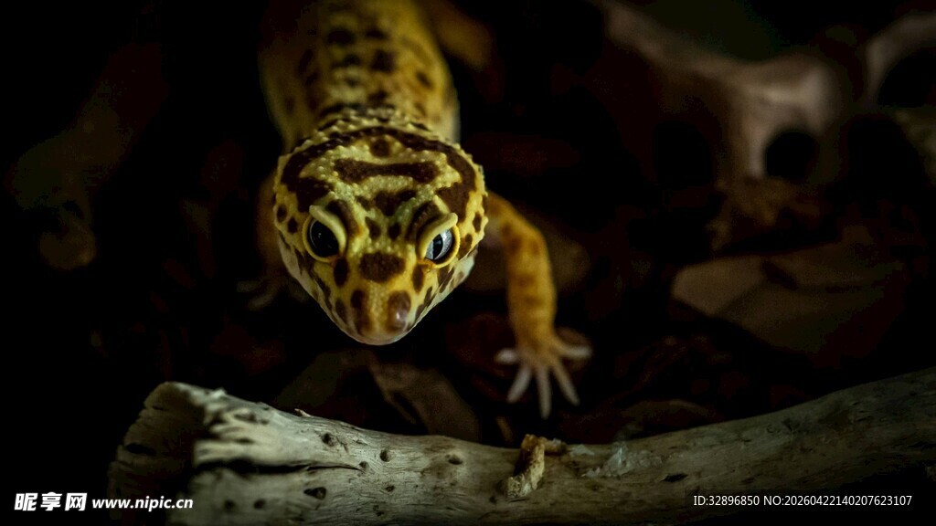 豹纹守宫趴在木头上