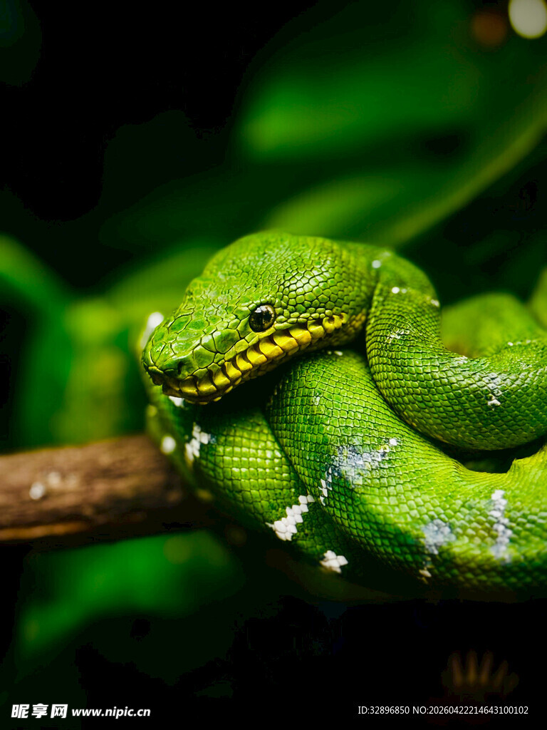 翠绿竹叶上的斑斓蛇